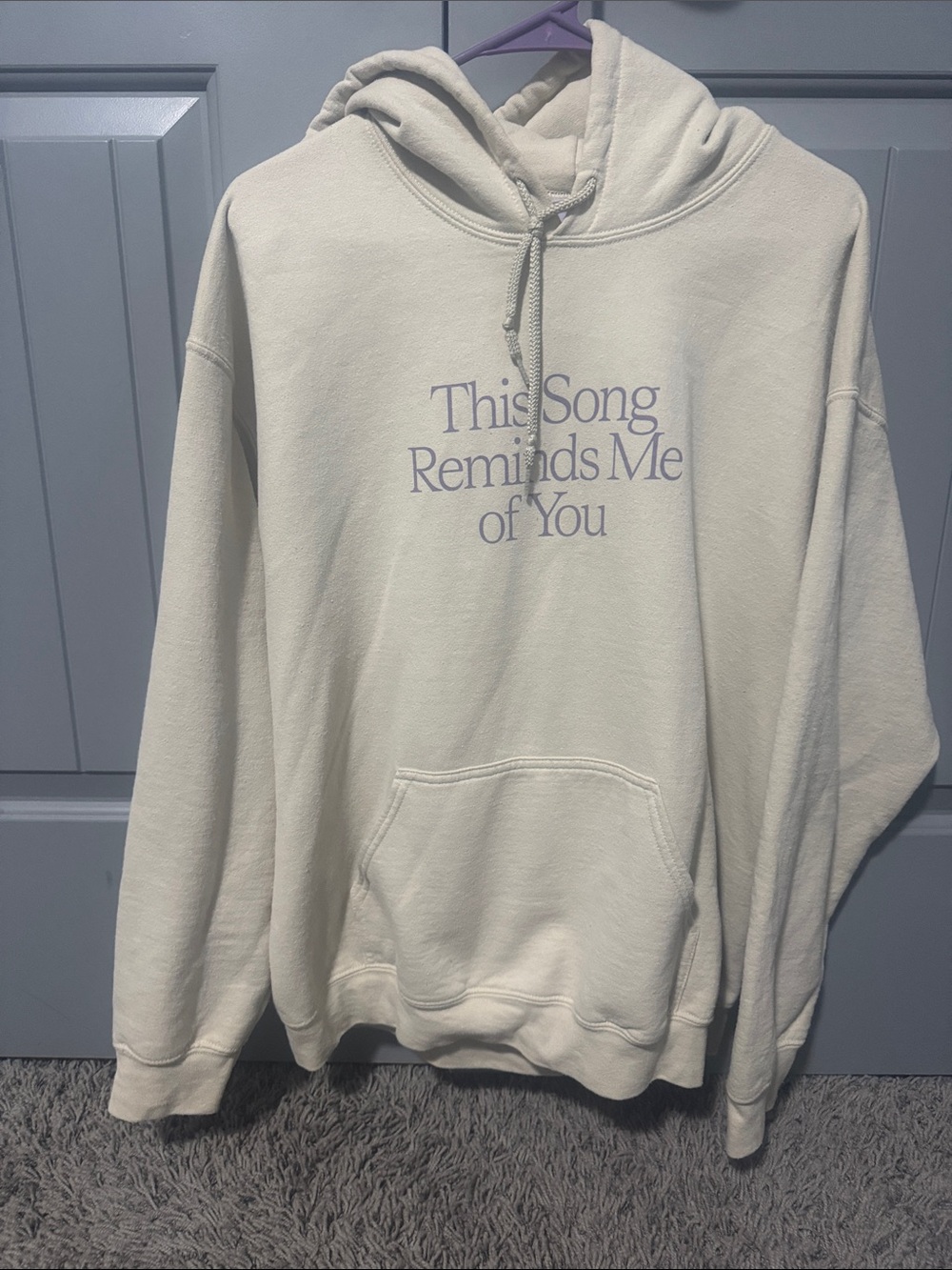LONELY GHOST Cream Crewneck Hoodie with Lavender Text